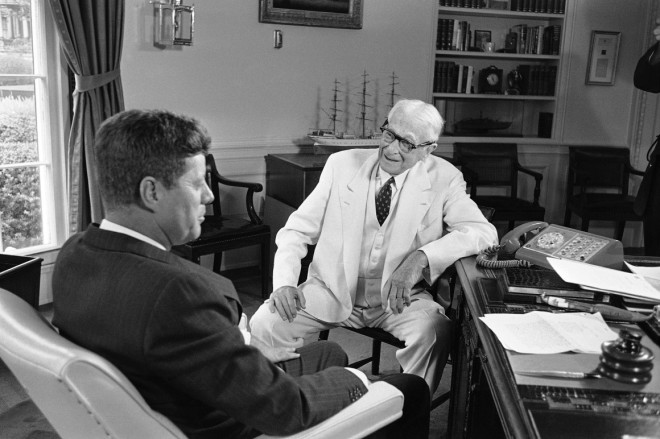Kennedy confers with Bernard Baruch, 90-year-old New York financier, at the White House on July 26, 1961. | AP Photo